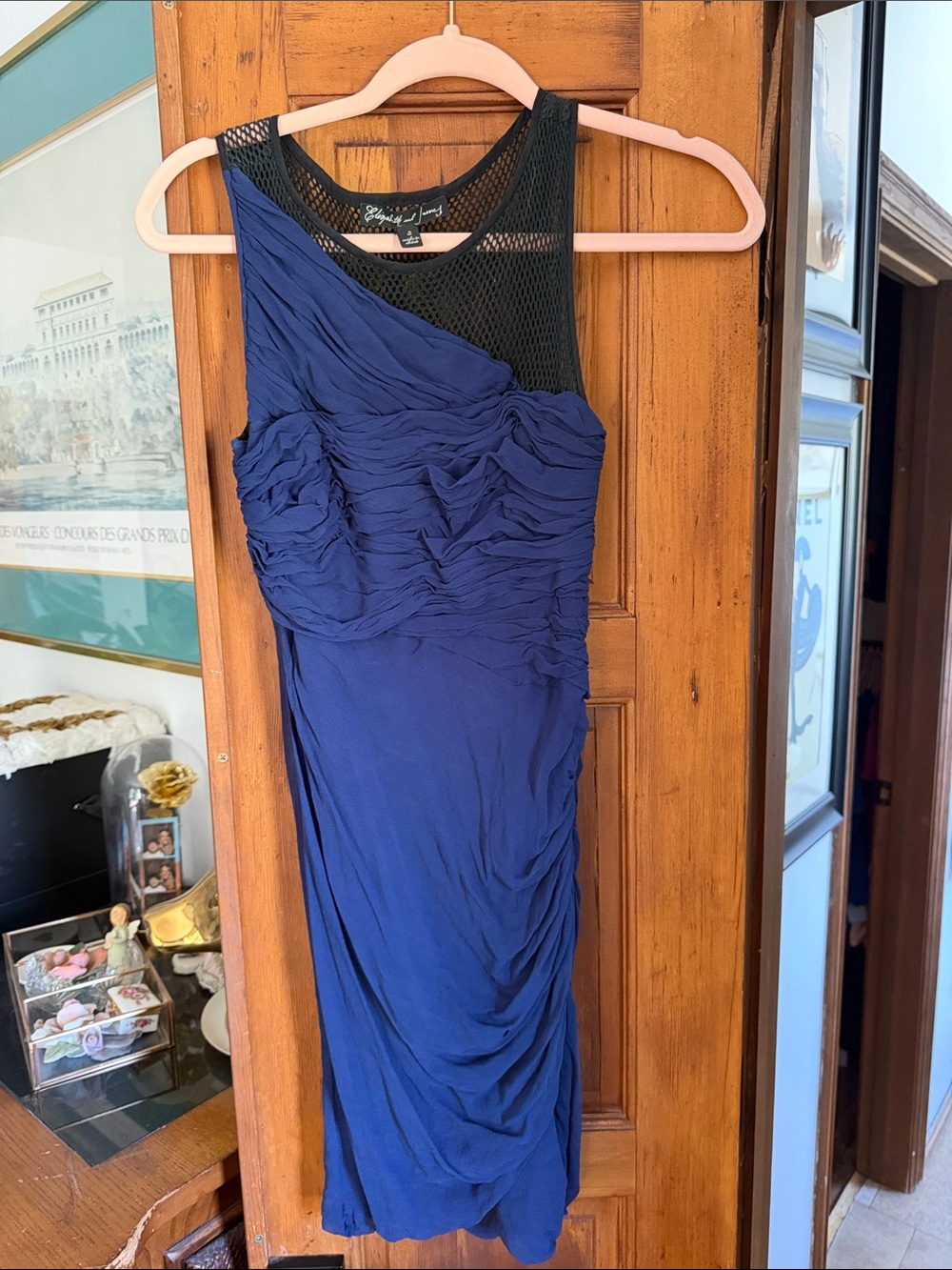Elizabeth and James One-Shoulder Navy Dress with Black Mesh